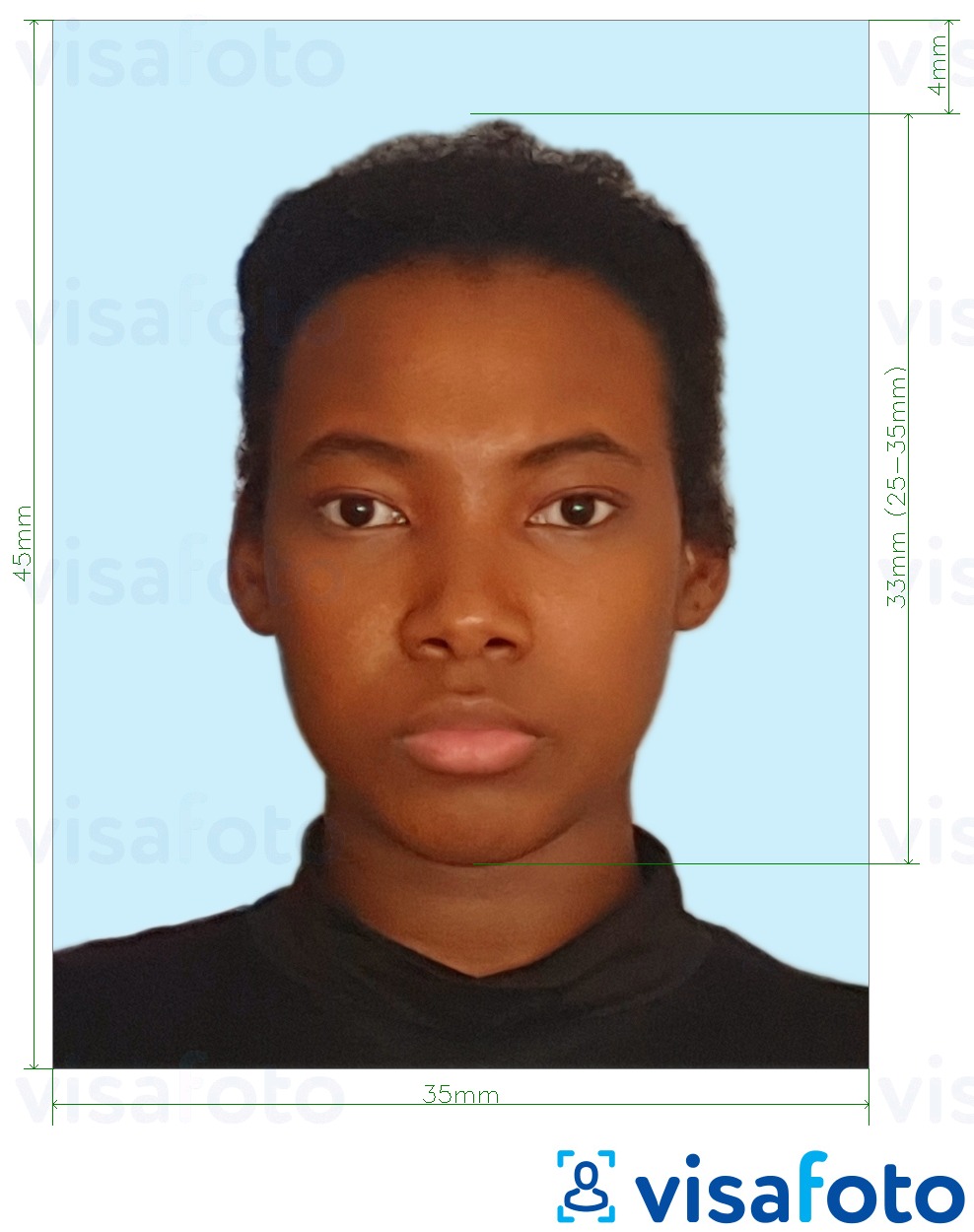 דוגמא לתמונה על דרכון של ג'מייקה רקע בגודל כחול בהיר בגודל 35X45 מ